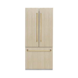 ZLINE Autograph Edition 36 in. 19.6 cu. ft. Panel Ready French Door Built-In Bottom Freezer Refrigerator with Water Dispenser and Ice Maker with Polished Gold Accents (RBIVZ-36-G)