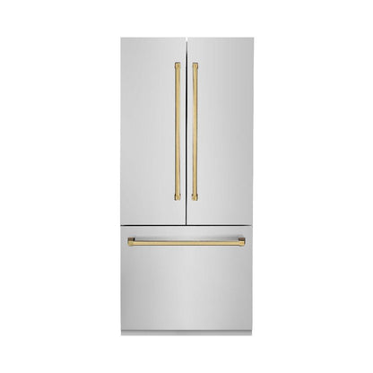 ZLINE Autograph Edition 36 in. 19.6 cu. ft. French Door Built-In Bottom Freezer Refrigerator with Water Dispenser and Ice Maker in Stainless Steel with Polished Gold Accents (RBIVZ-304-36-G)