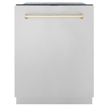 ZLINE Autograph Edition 24 in. Monument Series 3rd Rack Top Touch Control Tall Tub Dishwasher in Stainless Steel with Polished Gold Handle, 45dBa (DWMTZ-304-24-G)
