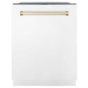ZLINE Autograph Edition 24 in. Monument Series 3rd Rack Top Touch Control Tall Tub Dishwasher in White Matte with Polished Gold Accent Handle, 45dBa (DWMTZ-WM-24-G)