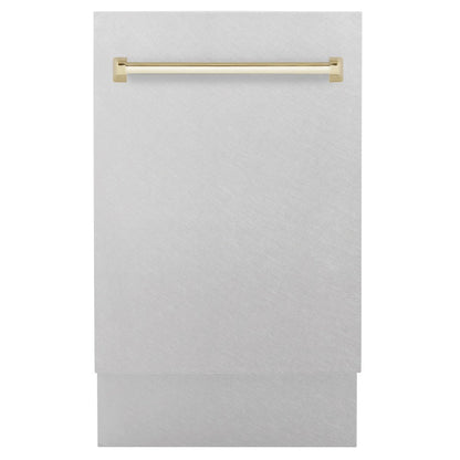 ZLINE Autograph Edition 18 in. Compact 3rd Rack Top Control Dishwasher in Fingerprint Resistant Stainless Steel with Polished Gold Accent Handle, 51dBa (DWVZ-SN-18-G)