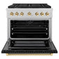 ZLINE Autograph Edition 36 in. 5.2 cu. ft. Paramount Dual Fuel Range with 6 Burner Gas Cooktop and Electric Convection Oven in DuraSnow® Stainless Steel with Black Matte Door and Polished Gold Accents (SDRSZ-BLM-36-G)
