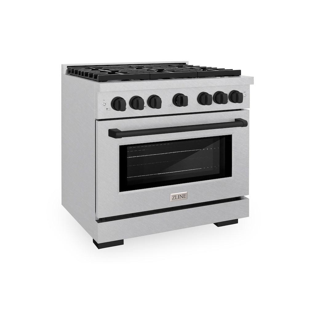 ZLINE Autograph Edition 36 in. 5.2 cu. ft. 6 Burner Paramount Gas Range with Convection Gas Oven in DuraSnow® Stainless Steel and Matte Black Accents (SGRSZ-36-MB)