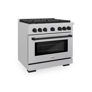 ZLINE Autograph Edition 36 in. 5.2 cu. ft. 6 Burner Paramount Gas Range with Convection Gas Oven in DuraSnow® Stainless Steel and Matte Black Accents (SGRSZ-36-MB)