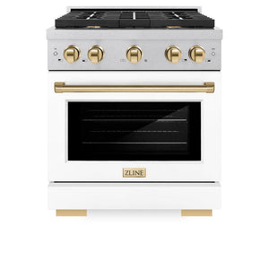 ZLINE Autograph Edition 30 in. 4.2 cu. ft. 4 Burner Paramount Gas Range with Convection Gas Oven in DuraSnow® Stainless Steel with White Matte Door and Polished Gold Accents (SGRSZ-WM-30-G)