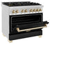 ZLINE Autograph Edition 36 in. 4.6 cu. ft. Legacy Dual Fuel Range with 6 Burner Gas Cooktop and Electric Convection Oven in Stainless Steel with Black Matte Door and Polished Gold Accents (RAZ-BLM-36-G)