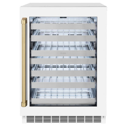 ZLINE Autograph Edition 24 in. Touchstone Dual Zone 44 Bottle Wine Cooler With White Matte Glass Door And Champagne Bronze Handle (RWDOZ-WM-24-CB)