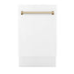 ZLINE Autograph Edition 18 in. Compact 3rd Rack Top Control Dishwasher in White Matte with Champagne Bronze Accent Handle, 51dBa (DWVZ-WM-18-CB)