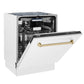 ZLINE Autograph Edition 24 in. 3rd Rack Top Control Tall Tub Dishwasher in White Matte with Champagne Bronze Accent Handle, 51dBa (DWVZ-WM-24-CB)