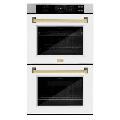 ZLINE Autograph Edition 30 in. Professional True Convection Double Wall Oven with Air Fry and Self Clean in Stainless Steel with White Matte Doors and Polished Gold Handles (WADZ-WM-30-G)