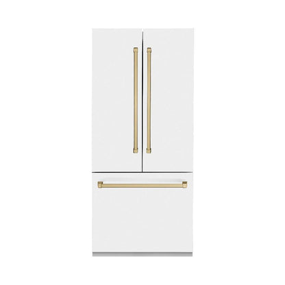 ZLINE Autograph Edition 36 in. 19.6 cu. ft. French Door Built-In Bottom Freezer Refrigerator with Water Dispenser and Ice Maker in White Matte with Champagne Bronze Accents (RBIVZ-WM-36-CB)