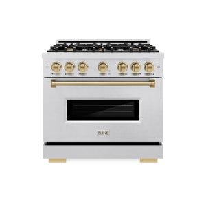 ZLINE Autograph Edition 36 in. 5.2 cu. ft. Classic Dual Fuel Range with 6 Burner Gas Cooktop and Electric Convection Oven in DuraSnow® Stainless Steel with Champagne Bronze Accents (CDRSZ-36-CB)
