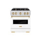 ZLINE Autograph Edition 30 in. 4.2 cu. ft. Classic Dual Fuel Range with 4 Burner Gas Cooktop and Electric Convection Oven in DuraSnow® Stainless Steel with White Matte Door and Polished Gold Accents (CDRSZ-WM-30-G)