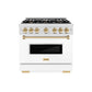ZLINE Autograph Edition 36 in. 5.2 cu. ft. Classic Dual Fuel Range with 6 Burner Gas Cooktop and Electric Convection Oven in DuraSnow® Stainless Steel with White Matte Door and Polished Gold Accents (CDRSZ-WM-36-G)