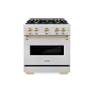 ZLINE Autograph Edition 30 in. 4.2 cu. ft. Classic Dual Fuel Range with 4 Burner Gas Cooktop and Electric Convection Oven in DuraSnow® Stainless Steel with Polished Gold Accents (CDRSZ-30-G)