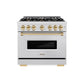 ZLINE Autograph Edition 36 in. 5.2 cu. ft. Classic Dual Fuel Range with 6 Burner Gas Cooktop and Electric Convection Oven in DuraSnow® Stainless Steel with Polished Gold Accents (CDRSZ-36-G)