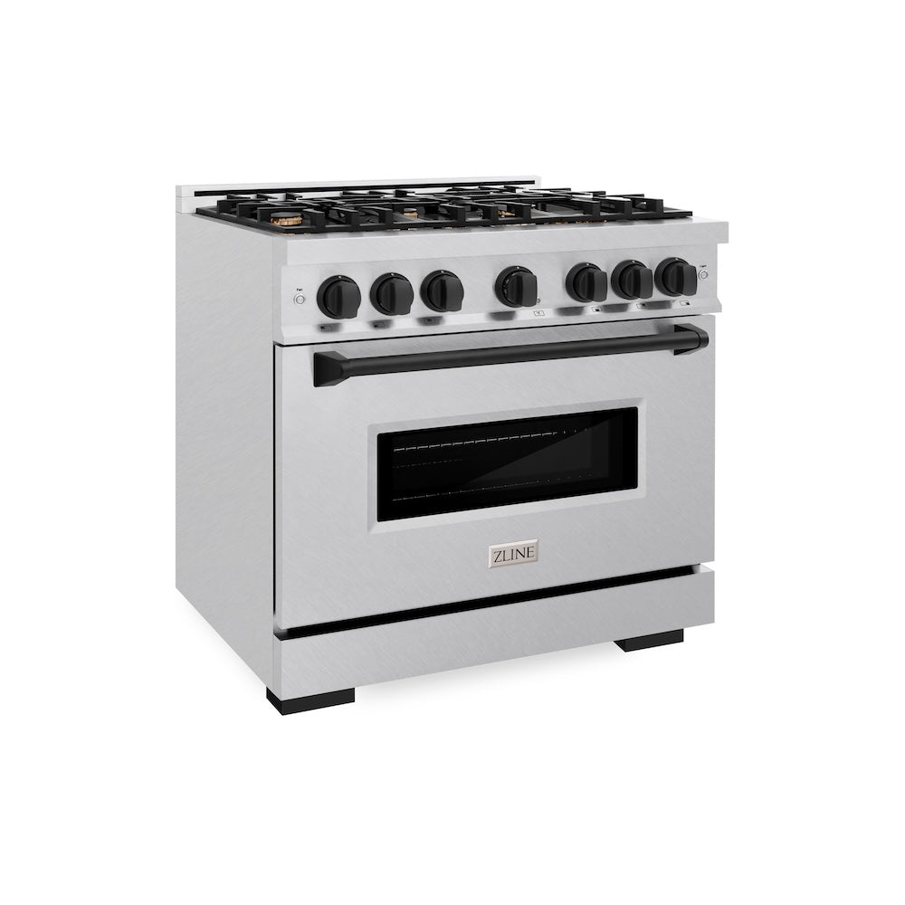 ZLINE Autograph Edition 36 in. 5.2 cu. ft. Classic Gas Range with 6 Burner Cooktop and Convection Gas Oven in DuraSnow® Stainless Steel and Matte Black Accents (CGRSZ-36-MB)