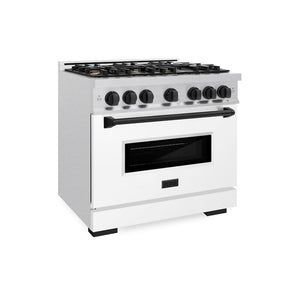 ZLINE Autograph Edition 36 in. 5.2 cu. ft. Classic Gas Range with 6 Burner Cooktop and Convection Gas Oven in DuraSnow® Stainless Steel with White Matte Door and Matte Black Accents (CGRSZ-WM-36-MB)