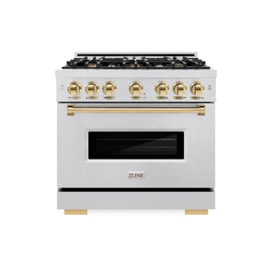 ZLINE Autograph Edition 36 in. 5.2 cu. ft. Classic Gas Range with 6 Burner Cooktop and Convection Gas Oven in DuraSnow® Stainless Steel and Polished Gold Accents (CGRSZ-36-G)