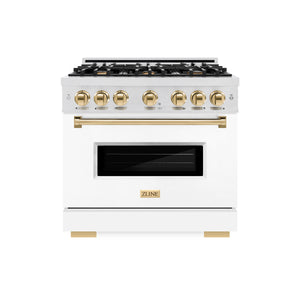 ZLINE Autograph Edition 36 in. 5.2 cu. ft. Classic Gas Range with 6 Burner Cooktop and Convection Gas Oven in DuraSnow® Stainless Steel with White Matte Door and Polished Gold Accents (CGRSZ-WM-36-G)
