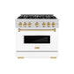 ZLINE Autograph Edition 36 in. 5.2 cu. ft. Classic Gas Range with 6 Burner Cooktop and Convection Gas Oven in Stainless Steel with White Matte Door and Polished Gold Accents (CGRZ-WM-36-G)
