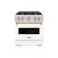 ZLINE Autograph Edition 30 in. 4.2 cu. ft. Classic Gas Range with 4 Burner Cooktop and Convection Gas Oven in Stainless Steel with White Matte Door and Polished Gold Accents (CGRZ-WM-30-G)