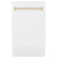 ZLINE Autograph Edition 18 in. Compact 3rd Rack Top Control Dishwasher in White Matte with Polished Gold Accent Handle, 51dBa (DWVZ-WM-18-G)