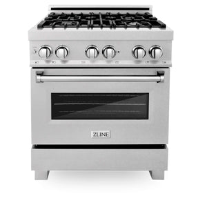 ZLINE 30 in. Kitchen Package with DuraSnow® Stainless Steel Dual Fuel Range and Convertible Vent Range Hood (2KP-RASSNRH30)