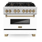 ZLINE Autograph Edition 36 in. 4.6 cu. ft. Legacy Dual Fuel Range with 6 Burner Gas Cooktop and Electric Convection Oven in DuraSnow® Stainless Steel with White Matte Door and Champagne Bronze Accents (RASZ-WM-36-CB)