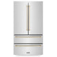 ZLINE Autograph Edition 36 in. 22.5 cu. ft. Counter-Depth French Door Refrigerator with Ice Maker in Fingerprint-Resistant Stainless Steel with Polished Gold Traditional Handles (RFMZ-36-G)