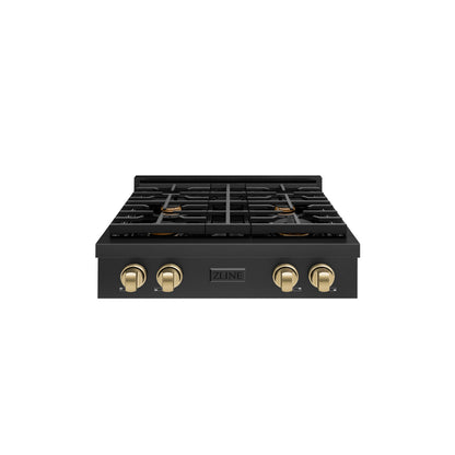 ZLINE Autograph Edition 30 in. Paramount Gas Rangetop with 4 Burners and Porcelain Cooktop in Black Stainless Steel with Champagne Bronze Accents (SRTBZ-30-CB)
