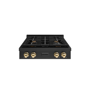 ZLINE Autograph Edition 30 in. Paramount Gas Rangetop with 4 Burners and Porcelain Cooktop in Black Stainless Steel with Polished Gold Accents (SRTBZ-30-G)