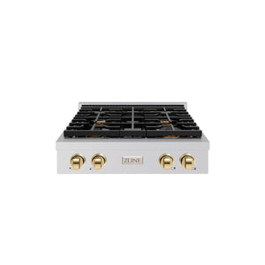 ZLINE Autograph Edition 30 in. Paramount Gas Rangetop with 4 Burners and Porcelain Cooktop in Stainless Steel with Polished Gold Accents (SRTZ-30-G)