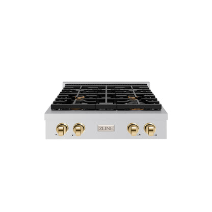 ZLINE Autograph Edition 30 in. Paramount Gas Rangetop with 4 Burners and Porcelain Cooktop in Stainless Steel with Polished Gold Accents (SRTZ-30-G)