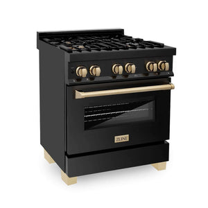 ZLINE Autograph Edition 30 in. Kitchen Package with Black Stainless Steel Dual Fuel Range, Range Hood, Dishwasher, and Refrigerator with External Water Dispenser with Polished Gold Accents (4AKPR-RABRHDWV30-G)