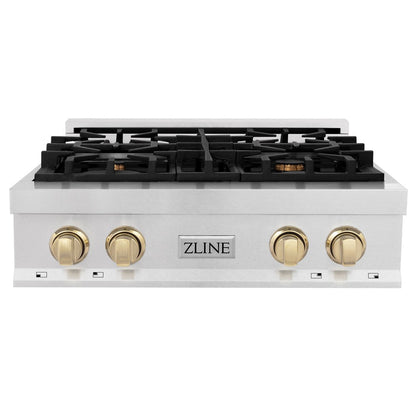 ZLINE Autograph Edition 30 in. Legacy Gas Rangetop with 4 Burners and Porcelain Cooktop in DuraSnow® Stainless Steel with Polished Gold Accents (RTSZ-30-G)