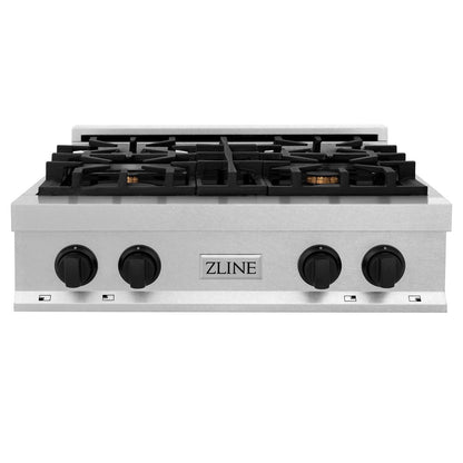 ZLINE Autograph Edition 30 in. Legacy Gas Rangetop with 4 Burners and Porcelain Cooktop in DuraSnow® Stainless Steel with Matte Black Accents (RTSZ-30-MB)