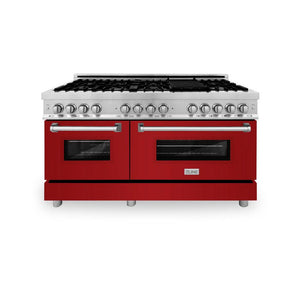ZLINE 60 in. 7.4 cu. ft. Legacy Dual Fuel Range with 9 Burner Gas Cooktop and 2 Electric Convection Ovens in Stainless Steel and Red Gloss Doors (RA-RG-60)