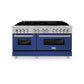 ZLINE 60 in. 7.4 cu. ft. Legacy Dual Fuel Range with 9 Burner Gas Cooktop and 2 Electric Convection Ovens in DuraSnow® Stainless Steel and Blue Matte Doors (RAS-BM-60)