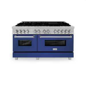 ZLINE 60 in. 7.4 cu. ft. Legacy Dual Fuel Range with 9 Burner Gas Cooktop and 2 Electric Convection Ovens in DuraSnow® Stainless Steel and Blue Matte Doors (RAS-BM-60)