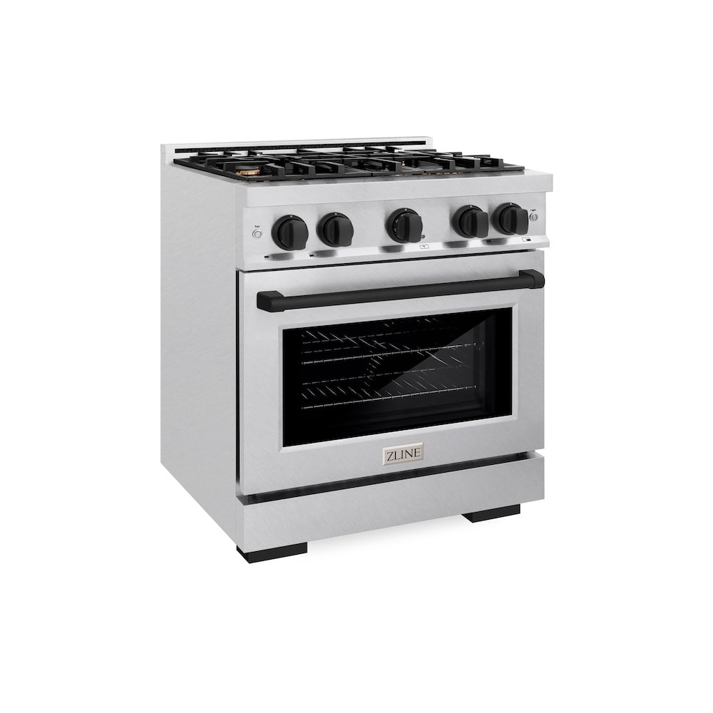 ZLINE Autograph Edition 30 in. 4.2 cu. ft. Select Dual Fuel Range with 4 Burner Gas Cooktop and Electric Convection Oven in DuraSnow® Stainless Steel with Matte Black Accents (HDRSZ-30-MB)