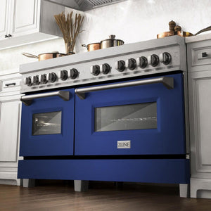 ZLINE 60 in. 7.4 cu. ft. Legacy Dual Fuel Range with 9 Burner Gas Cooktop and 2 Electric Convection Ovens in DuraSnow® Stainless Steel and Blue Matte Doors (RAS-BM-60)