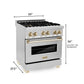 ZLINE Autograph Edition 30 in. Kitchen Package with Stainless Steel Dual Fuel Range, Range Hood, Dishwasher and Refrigerator with Polished Gold Accents (4KAPR-RARHDWM30-G)
