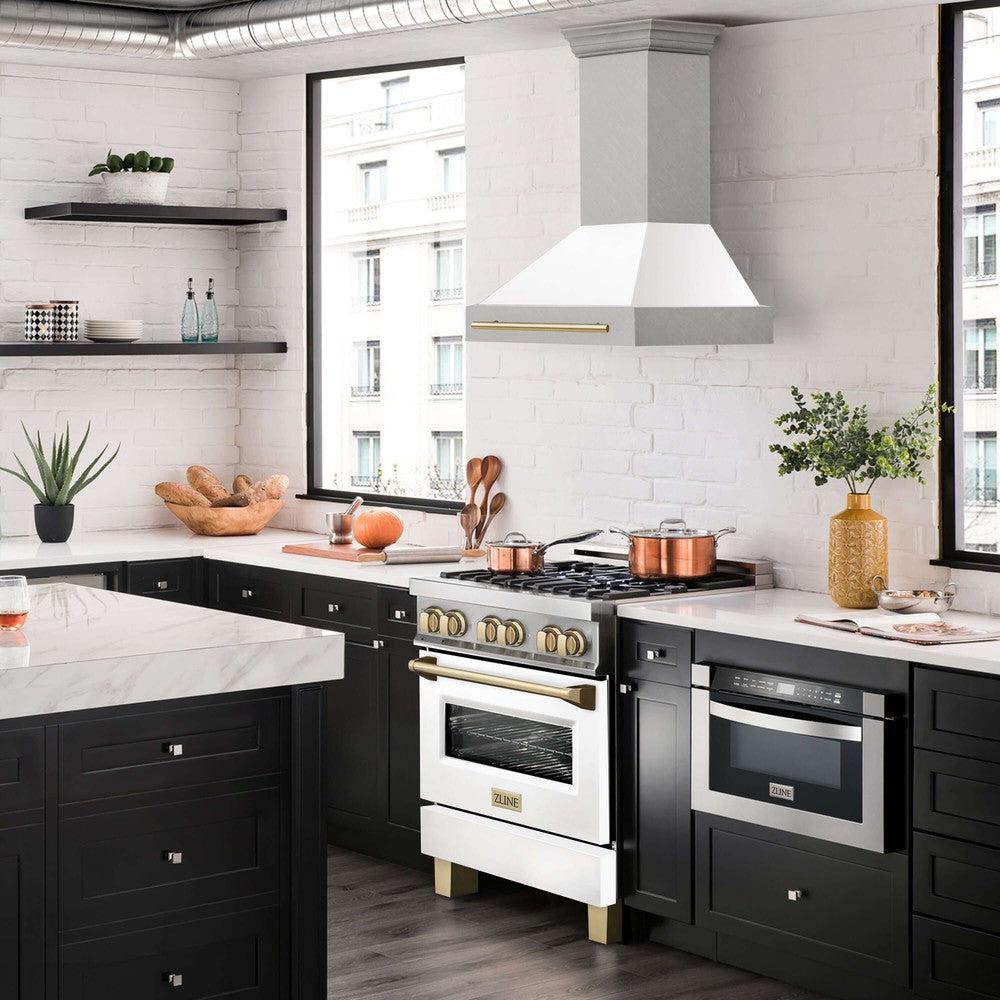 ZLINE Autograph Edition 30 in. Fingerprint Resistant Stainless Steel Range Hood with White Matte Shell and Handle (8654SNZ-WM30)
