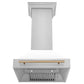 ZLINE Autograph Edition 30 in. Kitchen Package with Stainless Steel Dual Fuel Range with White Matte Door, Range Hood and Dishwasher with Champagne Bronze Accents (3AKP-RAWMRHDWM30-CB)