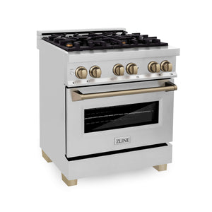ZLINE Autograph Edition 30 in. Kitchen Package with Stainless Steel Dual Fuel Range and Range Hood with Champagne Bronze Accents (2AKP-RARH30-CB)