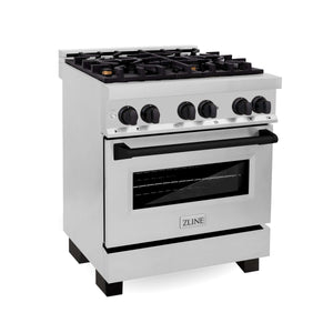 ZLINE Autograph Edition 30 in. Kitchen Package with Stainless Steel Dual Fuel Range and Range Hood with Matte Black Accents (2AKP-RARH30-MB)