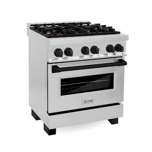 ZLINE Autograph Edition 30 in. Kitchen Package with Stainless Steel Dual Fuel Range, Range Hood, Dishwasher and Refrigerator with Matte Black Accents (4KAPR-RARHDWM30-MB)