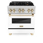 ZLINE Autograph Edition 30 in. 4.0 cu. ft. Legacy Dual Fuel Range with 4 Burner Gas Cooktop and Electric Convection Oven in Stainless Steel with White Matte Door and Polished Gold Accents (RAZ-WM-30-G)