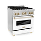 ZLINE Autograph Edition 30 in. Kitchen Package with Stainless Steel Dual Fuel Range with White Matte Door and Range Hood with Polished Gold Accents (2AKP-RAWMRH30-G)
